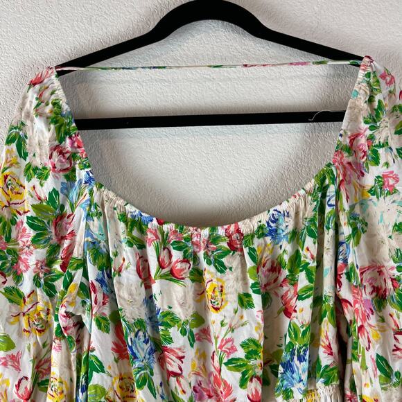 Afrm Cropped Floral Top Womens 1X Pink Green Balloon Long Sleeve Smocked - Picture 11 of 13